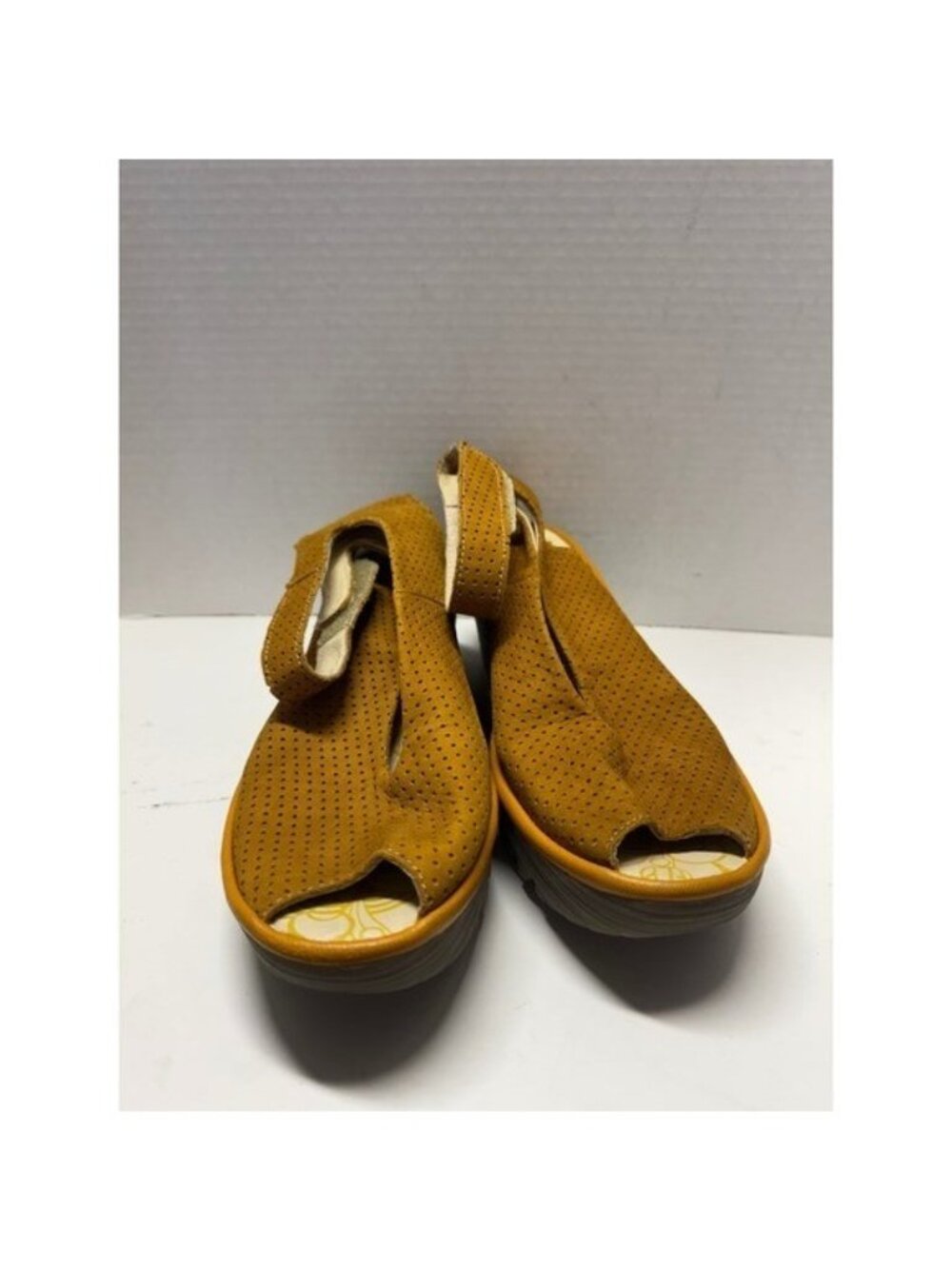 Fly London Yala Mustard Yellow Perforated Leather Wedge Sandals Size 40 9.5